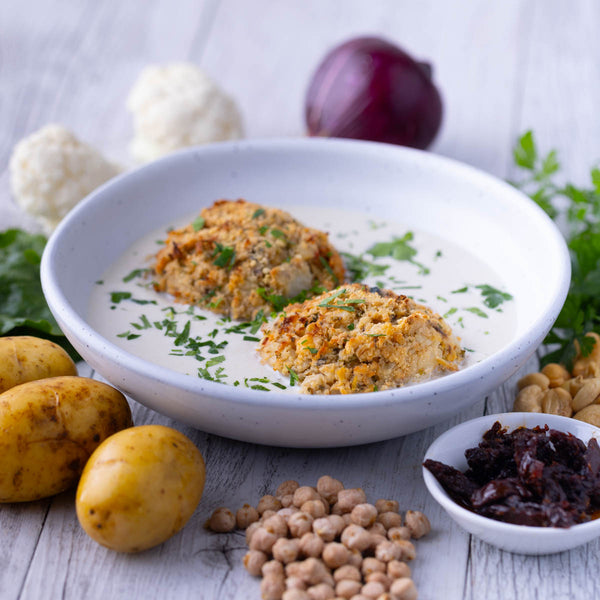 Greek Potato & Cauliflower Cakes w Creamy Cashew Sauce