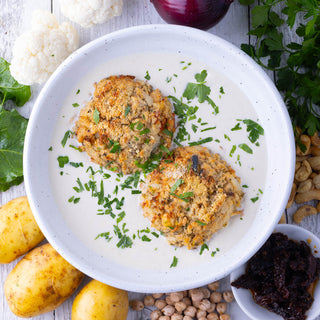 Greek Potato & Cauliflower Cakes w Creamy Cashew Sauce