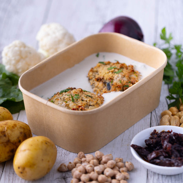 Greek Potato & Cauliflower Cakes w Creamy Cashew Sauce
