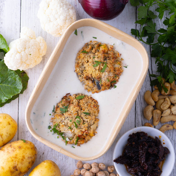 Greek Potato & Cauliflower Cakes w Creamy Cashew Sauce